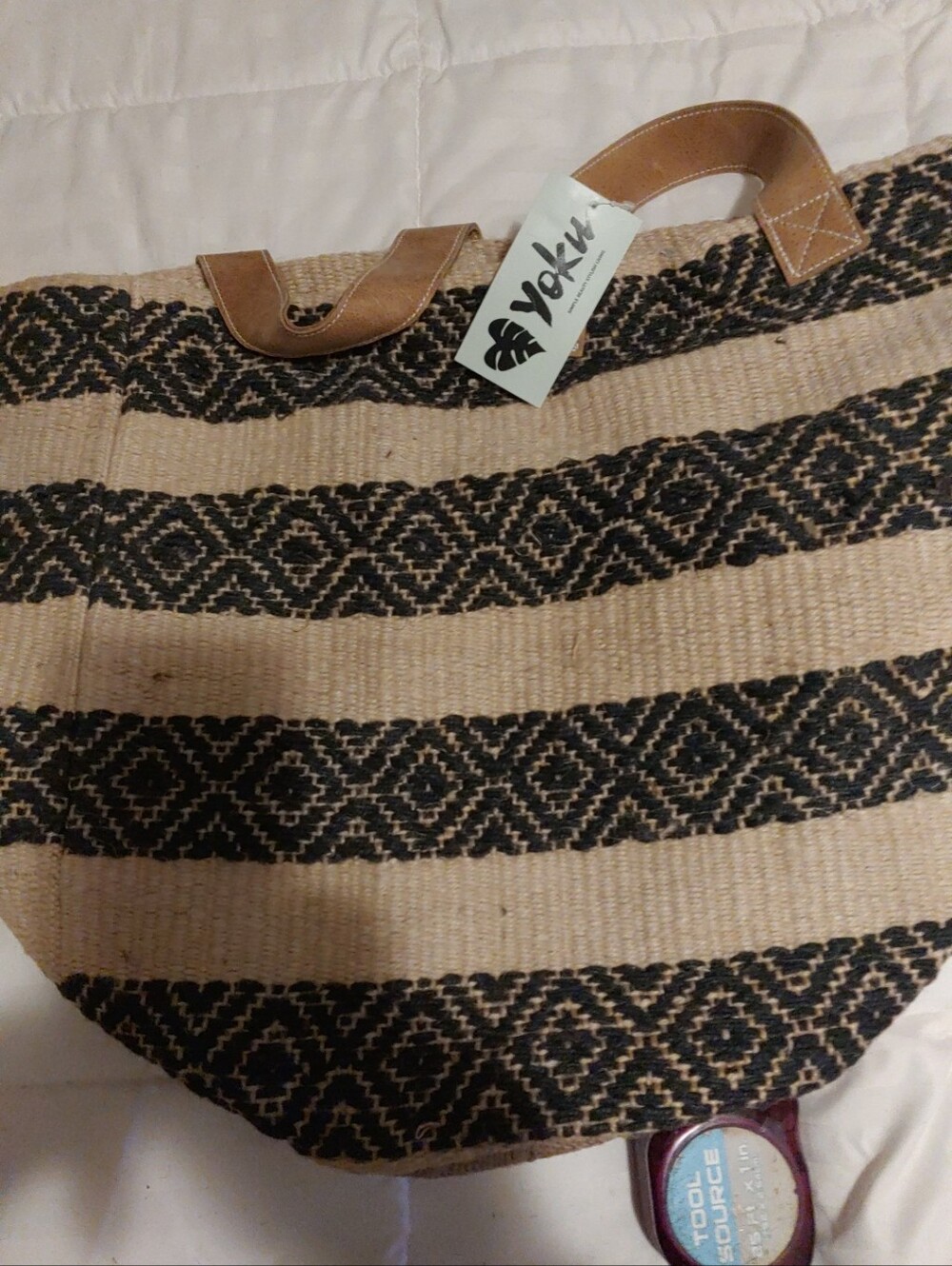 Yoku Black and Natural Striped Woven Tote with Tan Straps - Picture 3 of 3